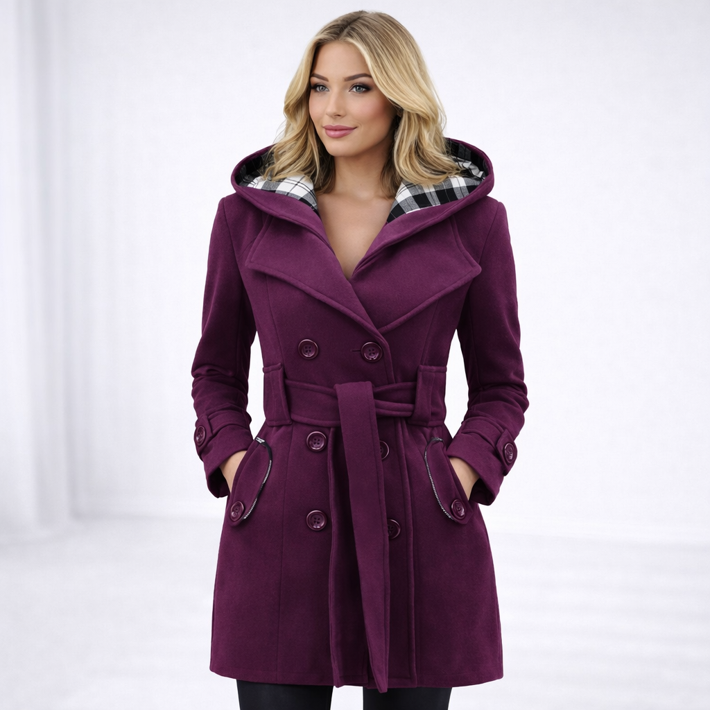 Valentina – Dwurzędowy Płaszcz z Kapturem i Paskiem