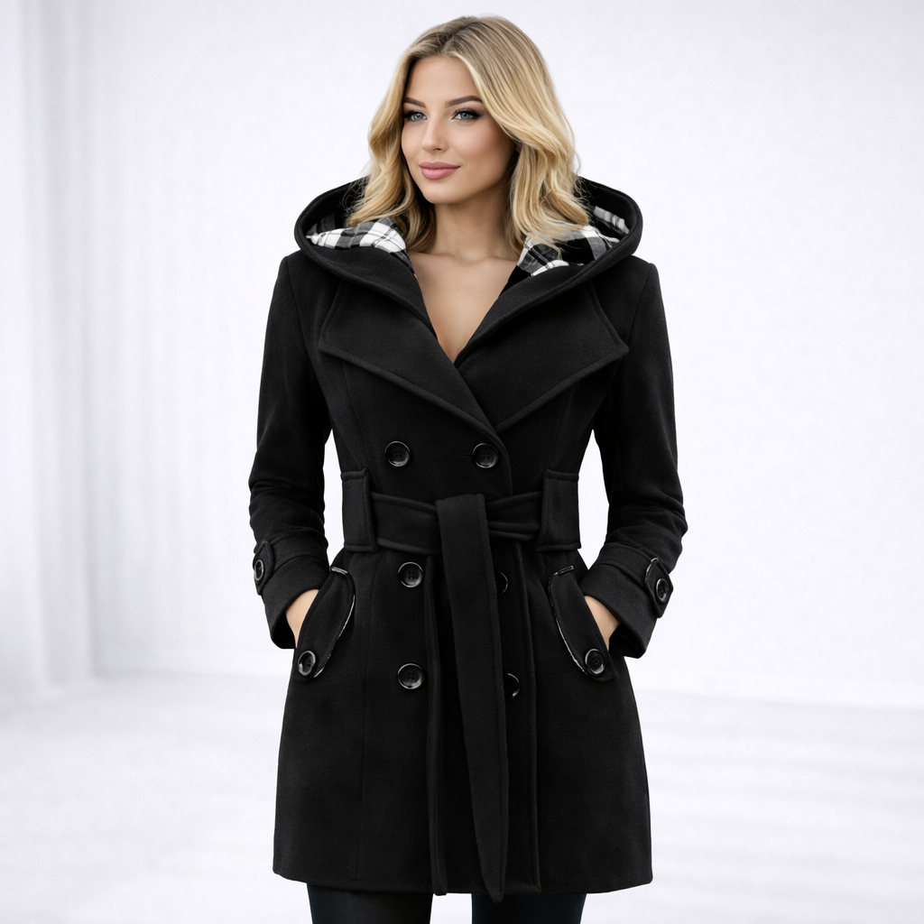 Valentina – Dwurzędowy Płaszcz z Kapturem i Paskiem