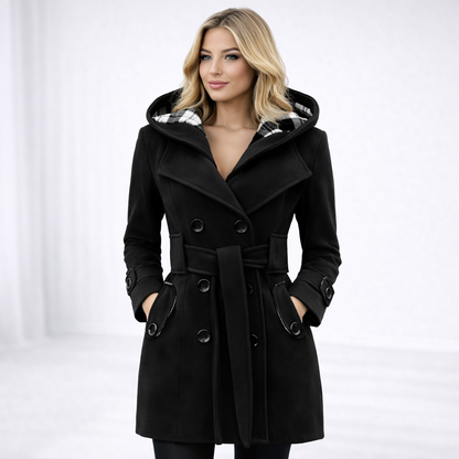 Valentina – Dwurzędowy Płaszcz z Kapturem i Paskiem