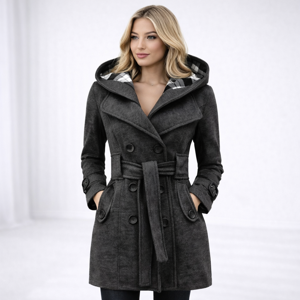 Valentina – Dwurzędowy Płaszcz z Kapturem i Paskiem