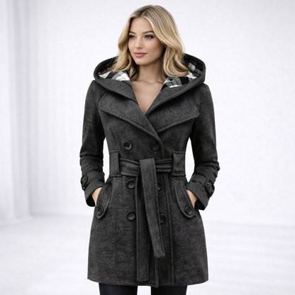 Valentina – Dwurzędowy Płaszcz z Kapturem i Paskiem