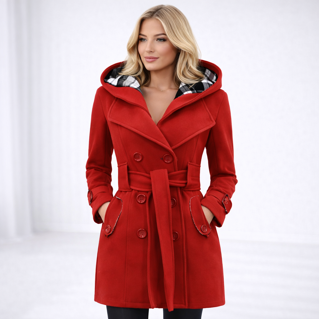 Valentina – Dwurzędowy Płaszcz z Kapturem i Paskiem
