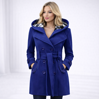 Valentina – Dwurzędowy Płaszcz z Kapturem i Paskiem