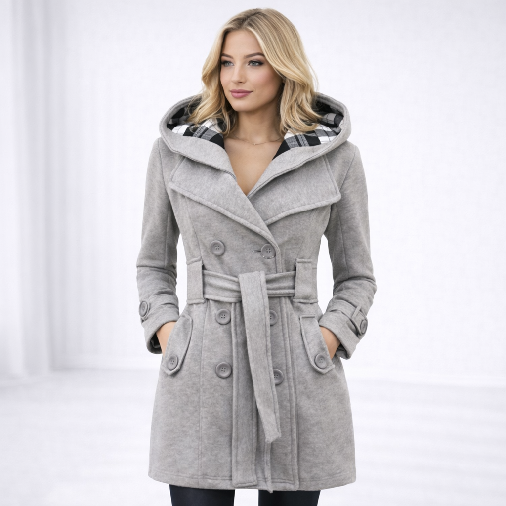 Valentina – Dwurzędowy Płaszcz z Kapturem i Paskiem
