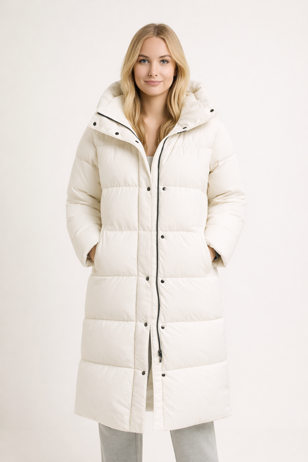Claudia – Długa Pikowana Kurtka z Kapturem