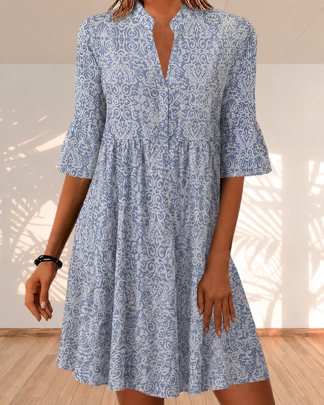 Verena – Damska sukienka w stylu boho z dekoltem w szpic i rękawami 3/4