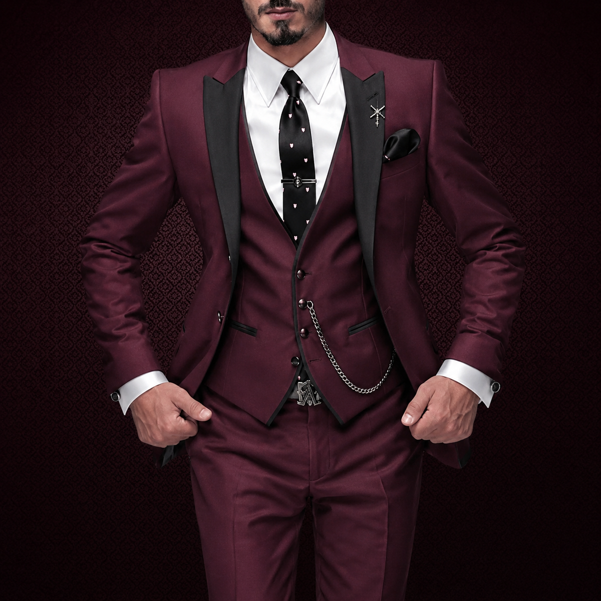 Garnitur męski elegancki w kolorze burgundowym z kamizelką - 1 - Livia-Moda