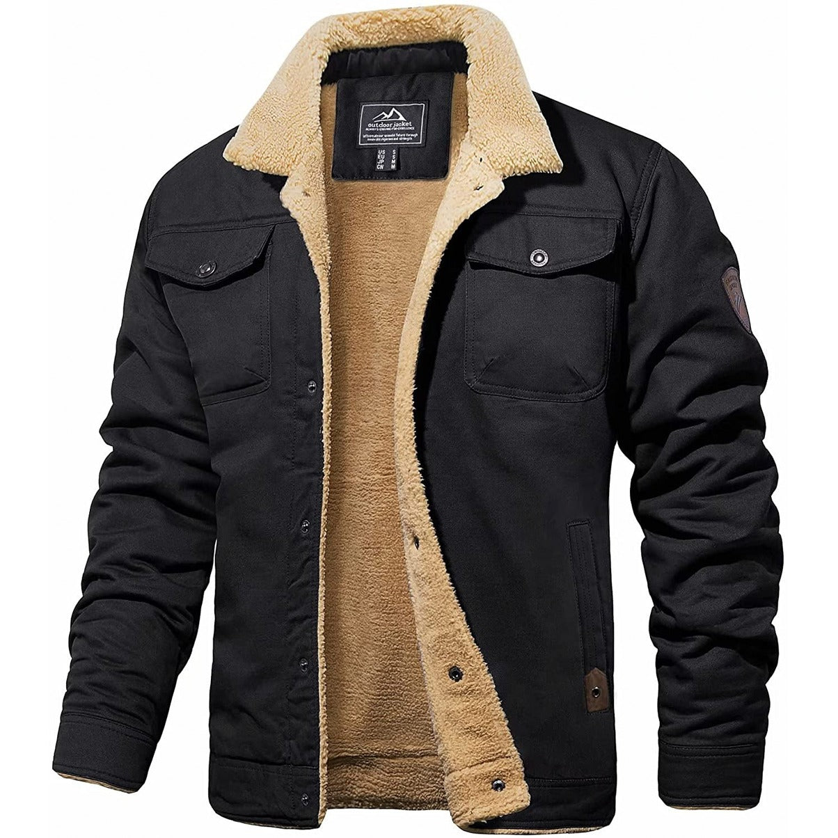 Mørk grå bomberjakke med beige fôr, to brystlommer og knappelukking. Perfekt for vinter, stilren og varm ytterjakke for menn.