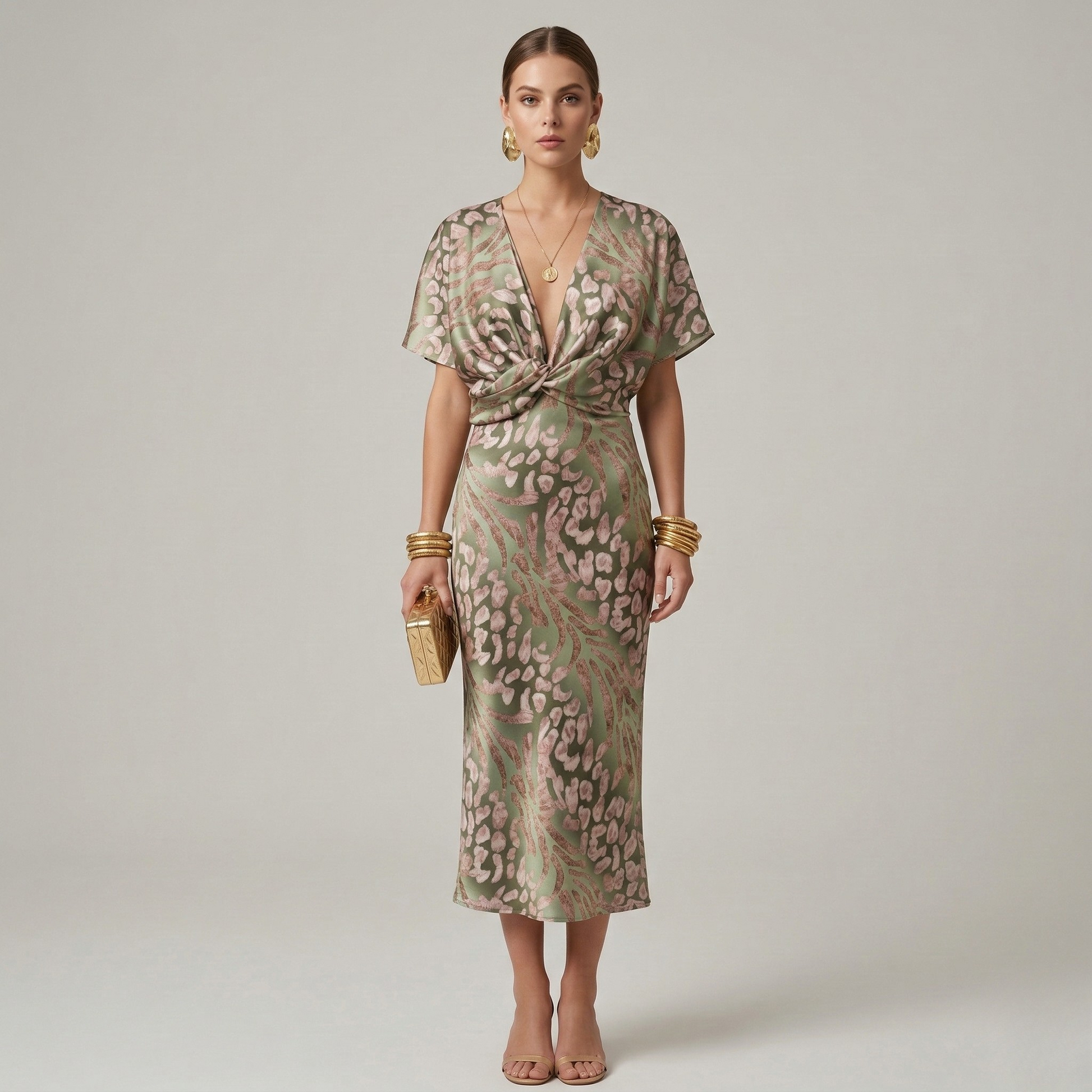 Renate – Elegant V-Neck Dress with Front Knot Short Sleeves for Women - Image 1