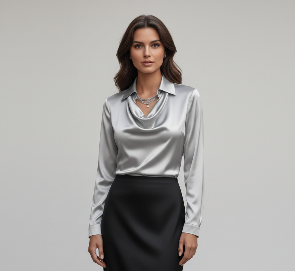 Sarah – Elegant satin blouse with soft collar for Women - Image 12