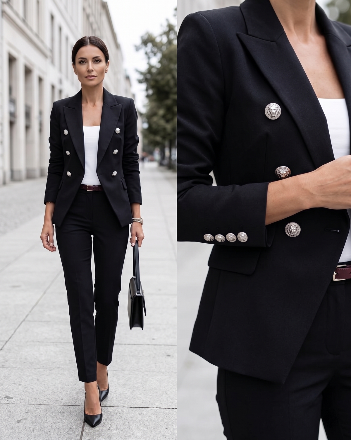 Garnitur damski w kolorze czarnym z podwójnym zapięciem i eleganckimi guzikami - 1 - Livia-Moda