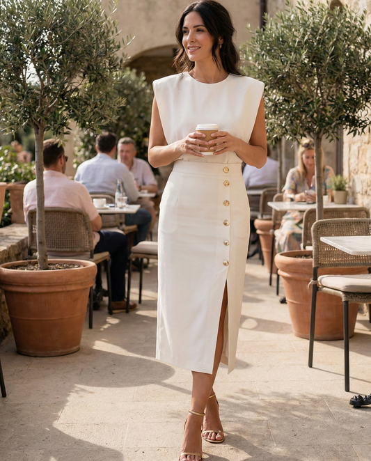 Emilia – Elegant Midi Dress with Button Detail and Side Slit - Image 2