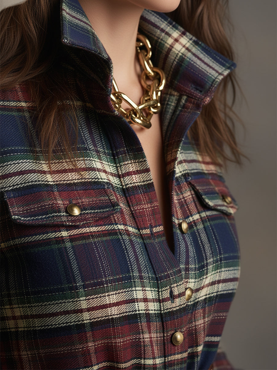 Helena – Damska długa sukienka koszulowa w kratę