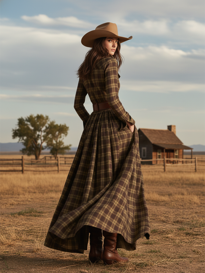 Helena – Damska długa sukienka koszulowa w kratę