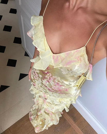 Lucía – Suknia Maxi na Ramiączkach z Warstwowymi Falbanami