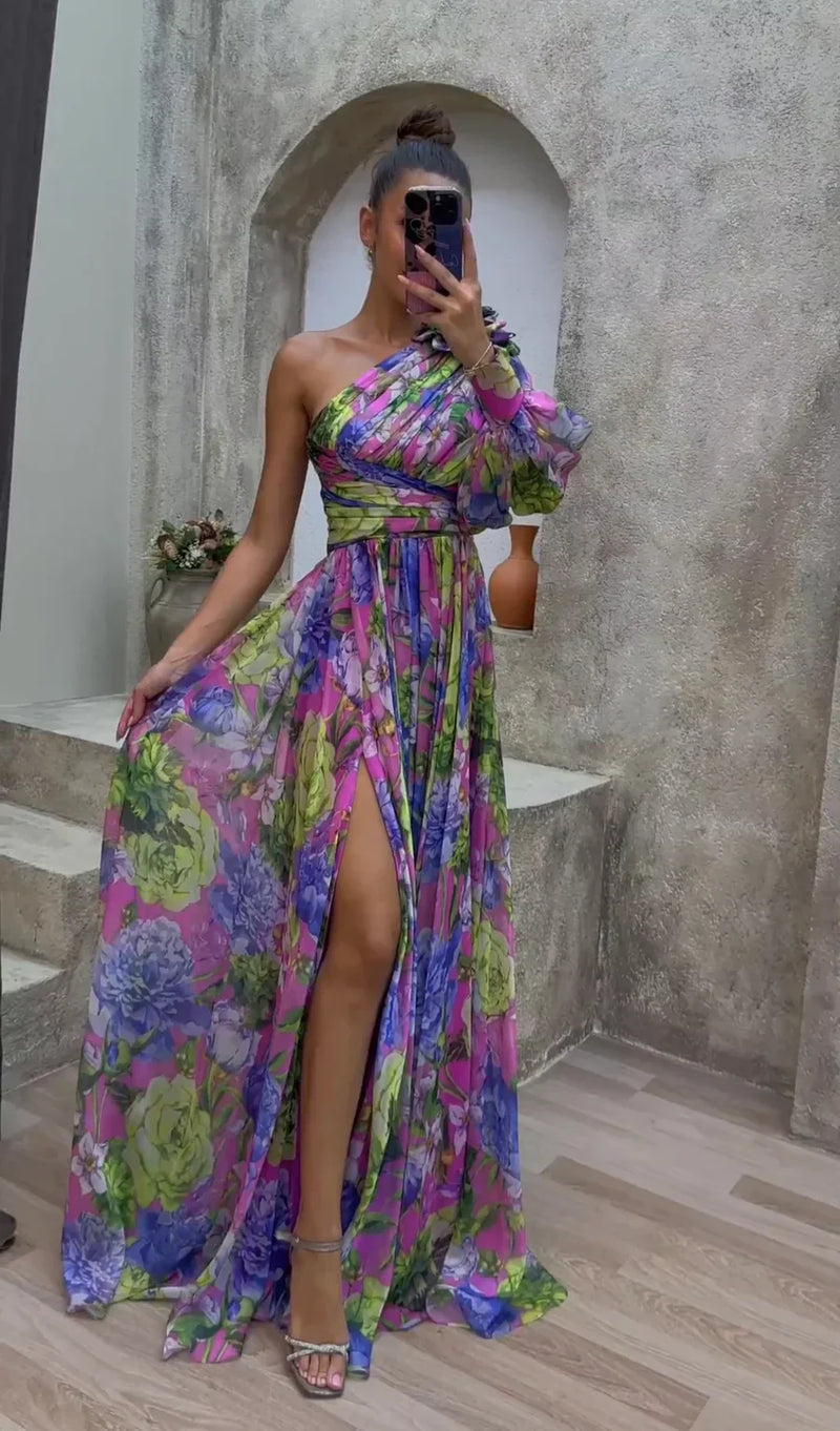 Sandra – Elegant Floral One-Shoulder Maxi Dress - Image 1
