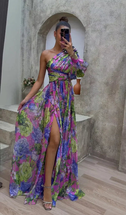 Sandra – Elegant Floral One-Shoulder Maxi Dress - Image 1