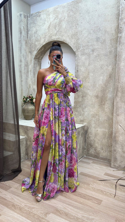 Sandra – Elegant Floral One-Shoulder Maxi Dress - Image 2