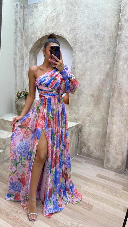Sandra – Elegant Floral One-Shoulder Maxi Dress - Image 3