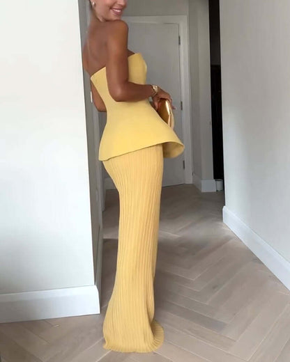 Liora – Damska sukienka maxi bez ramiączek w kolorze żółtym