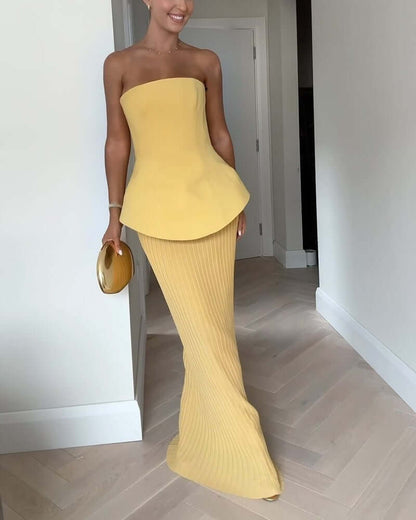 Liora – Damska sukienka maxi bez ramiączek w kolorze żółtym