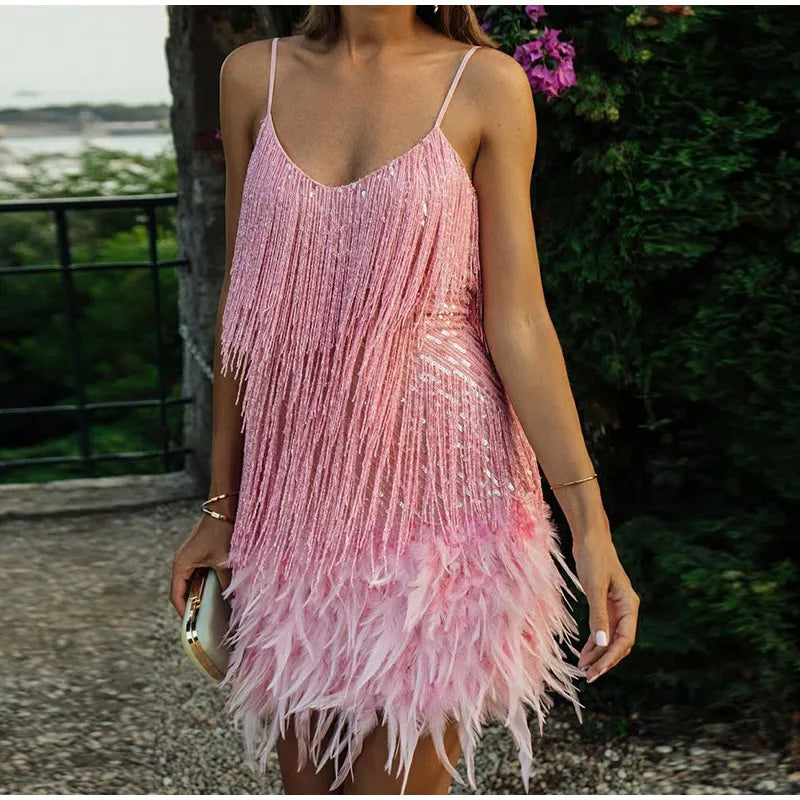 Lisa – Elegant Glimmer Feather Mini Dress for Women - Image 4