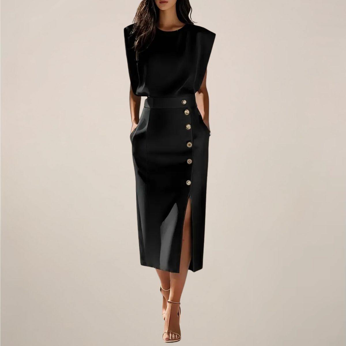 Emilia – Elegant Midi Dress with Button Detail and Side Slit - Image 8
