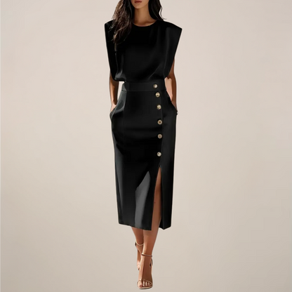 Emilia – Elegant Midi Dress with Button Detail and Side Slit - Image 8
