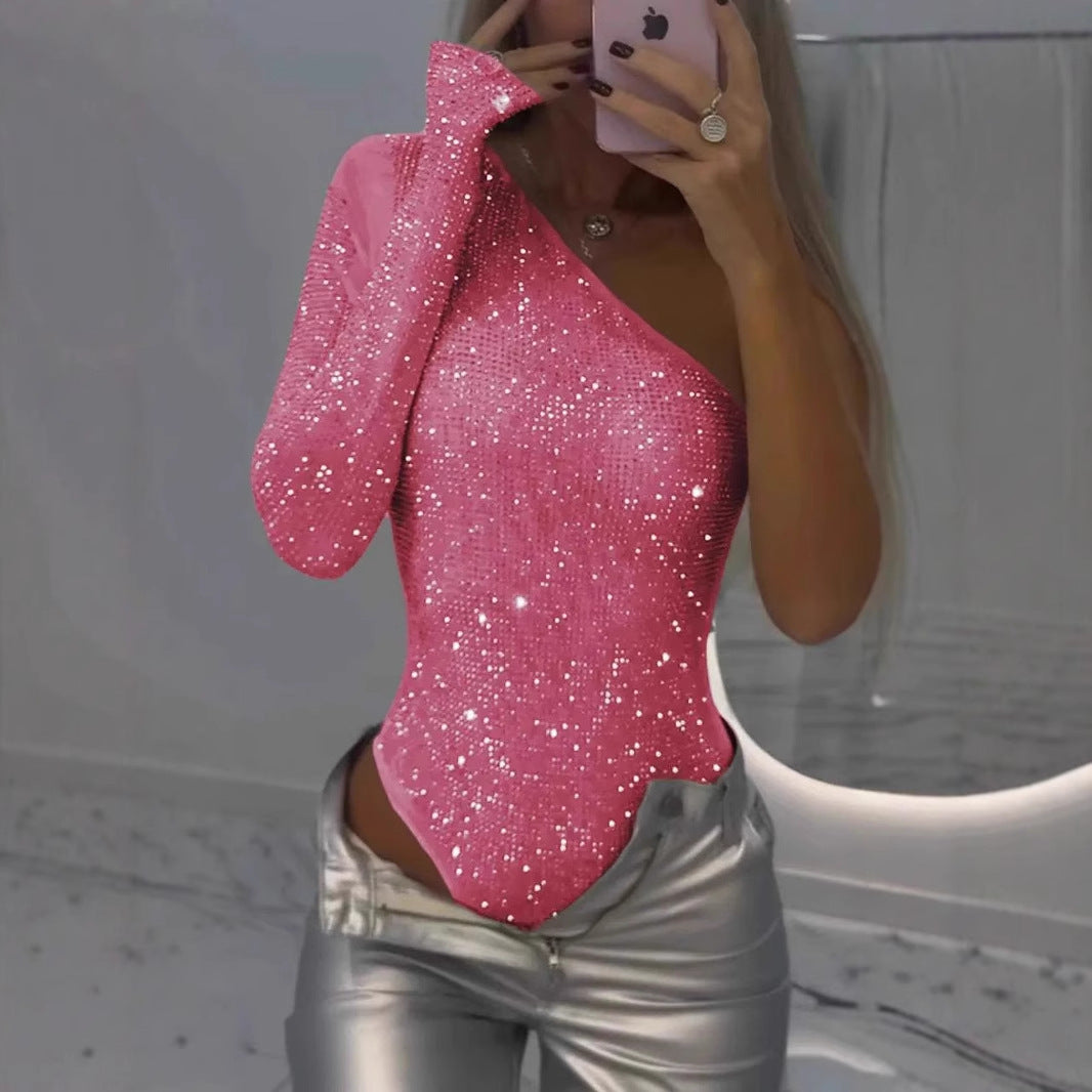 Monika – Damskie body wieczorowe z połyskiem i jednym rękawem