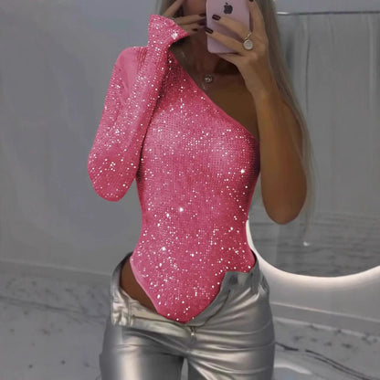 Monika – Damskie body wieczorowe z połyskiem i jednym rękawem
