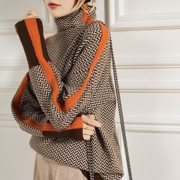 Mila – Damski dzianinowy sweter z wysoką stójką i kontrastowymi lamówkami