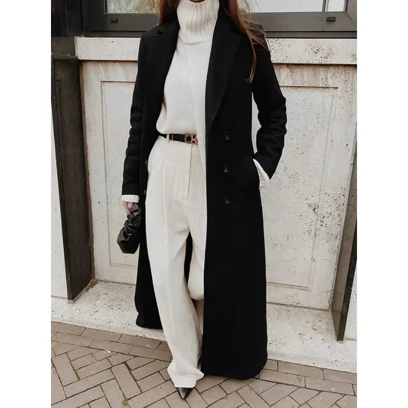 Alicja – Elegancki Damski Płaszcz Maxi z Klasycznym Kołnierzem