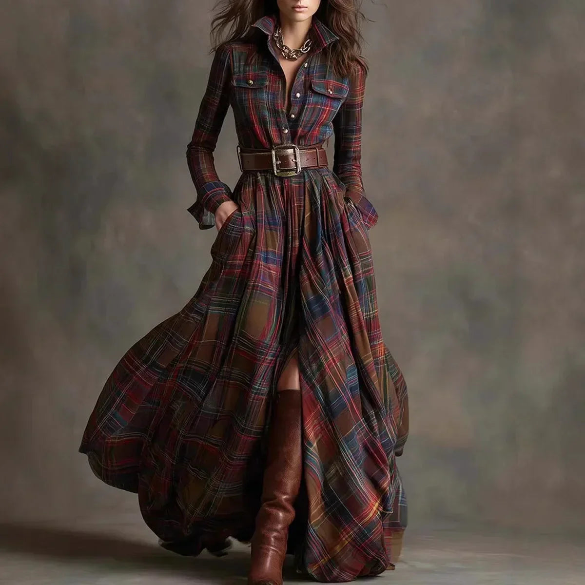 Hannah – Elegant Long Check Dress for Women - Image 2