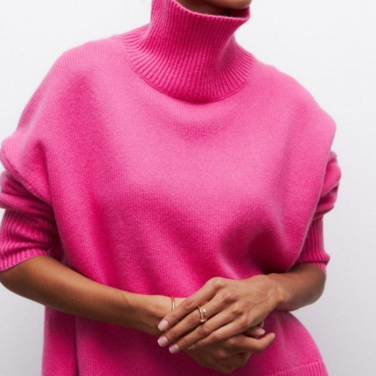 Amelia – sweter kaszmir damski oversize z golfem w kolorze fuksji