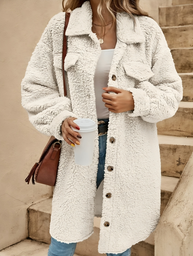 Amara - Kurtka damska ocieplana oversize teddy z kołnierzem i kieszeniami