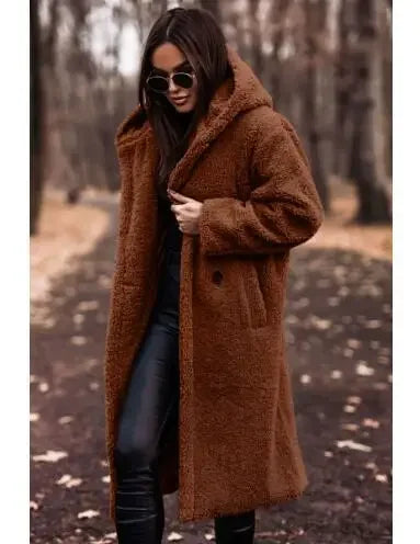 Różowylinda | Damen Langer Wollmantel mit Kapuze für den Winter