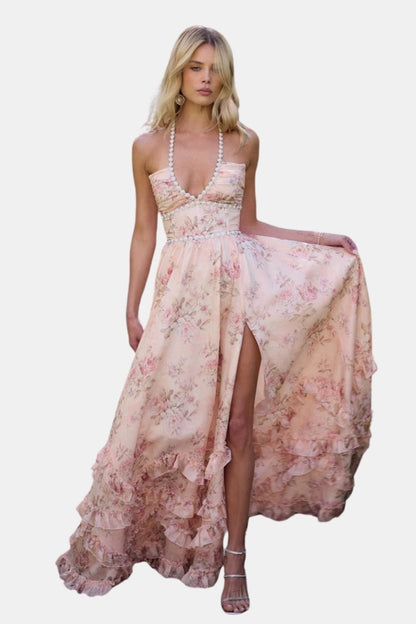 Ingrid – Floral Halter Wedding Guest Dress - Image 1
