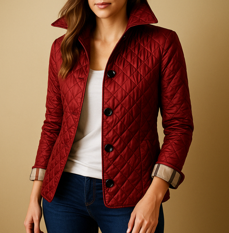 Giacca trapuntata beige da donna, elegante e casual, con bottoni scuri. Ideale per l'autunno, abbinata a maglia grigia e jeans neri.