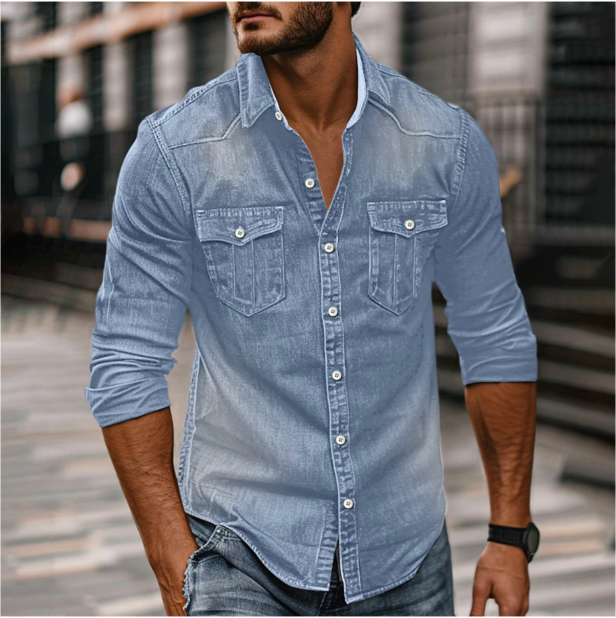 Adrian – Denimowa Koszula Męska Slim Fit z Długim Rękawem