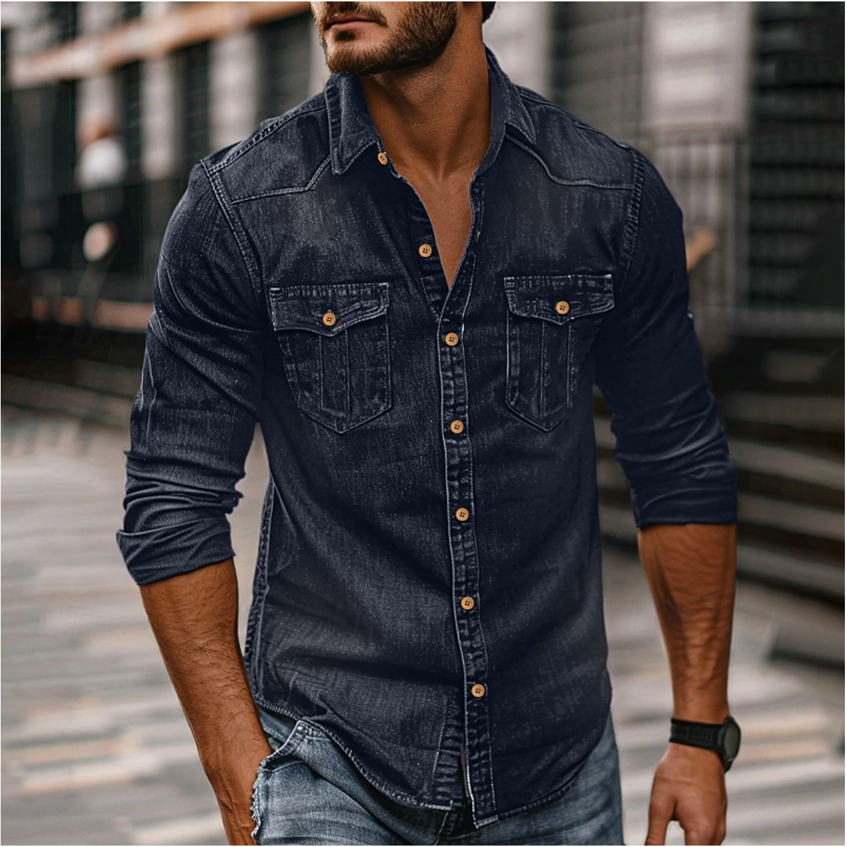 Adrian – Denimowa Koszula Męska Slim Fit z Długim Rękawem