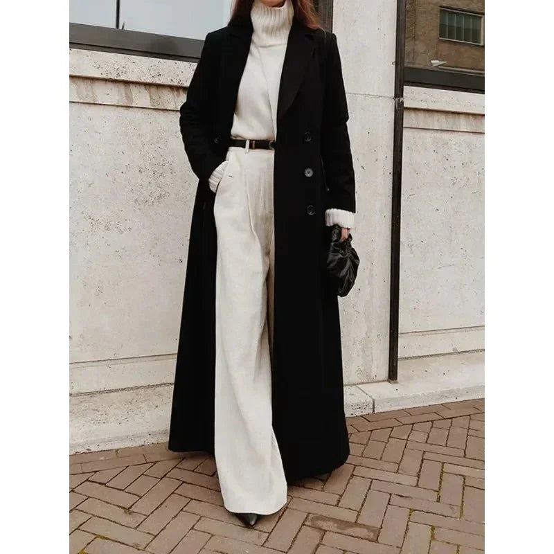 Alicja – Elegancki Damski Płaszcz Maxi z Klasycznym Kołnierzem