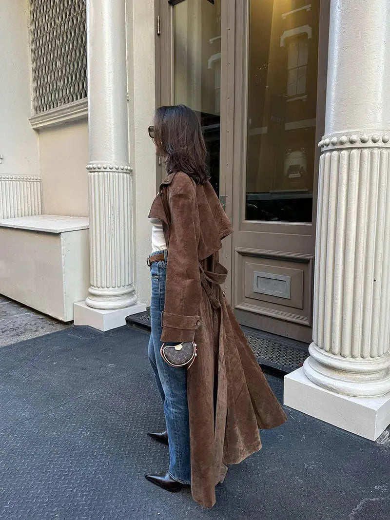 Sophia - Płaszcz damski zamszowy długi z paskiem