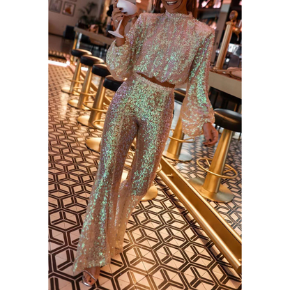 Valeria - Komplet damski cekinowy bluzka i spodnie