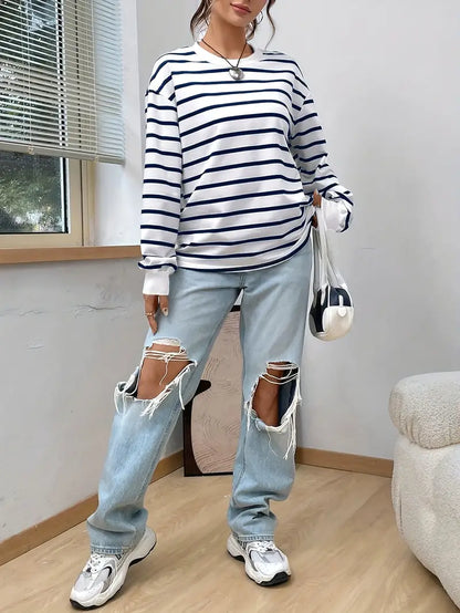 Lea - Bluzka damska basic w paski z długim rękawem