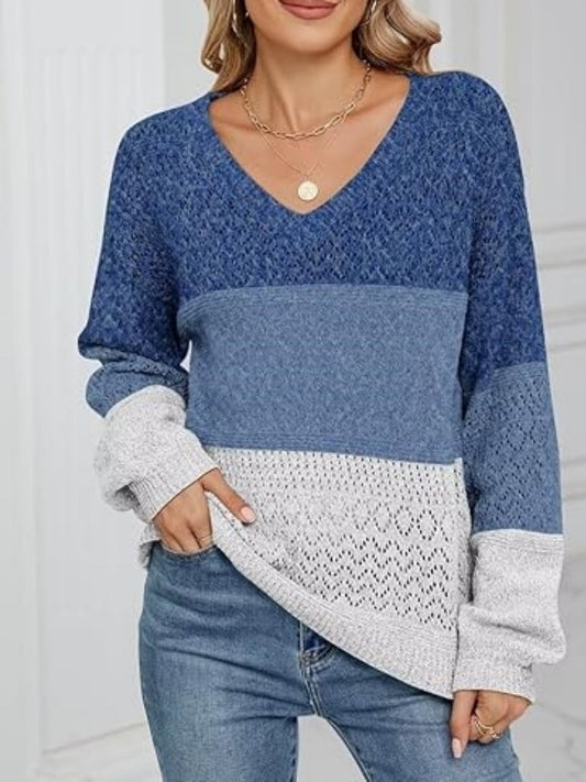 Mira - Sweter damski oversize z dekoltem V w kolorowe pasy
