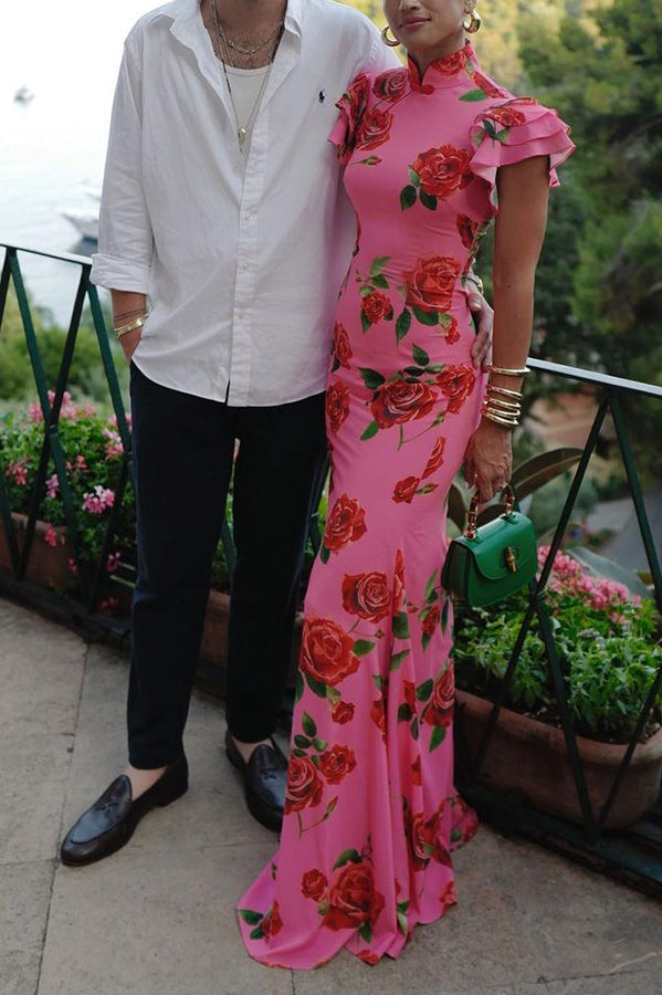 Lina – Elegant Rose Floral Print Tiered Flare Sleeve Maxi Dress for Women - Image 7