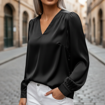 Yvonne – Women Satin blouse with V-neck - Image 5