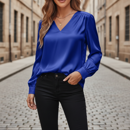 Yvonne – Women Satin blouse with V-neck - Image 6