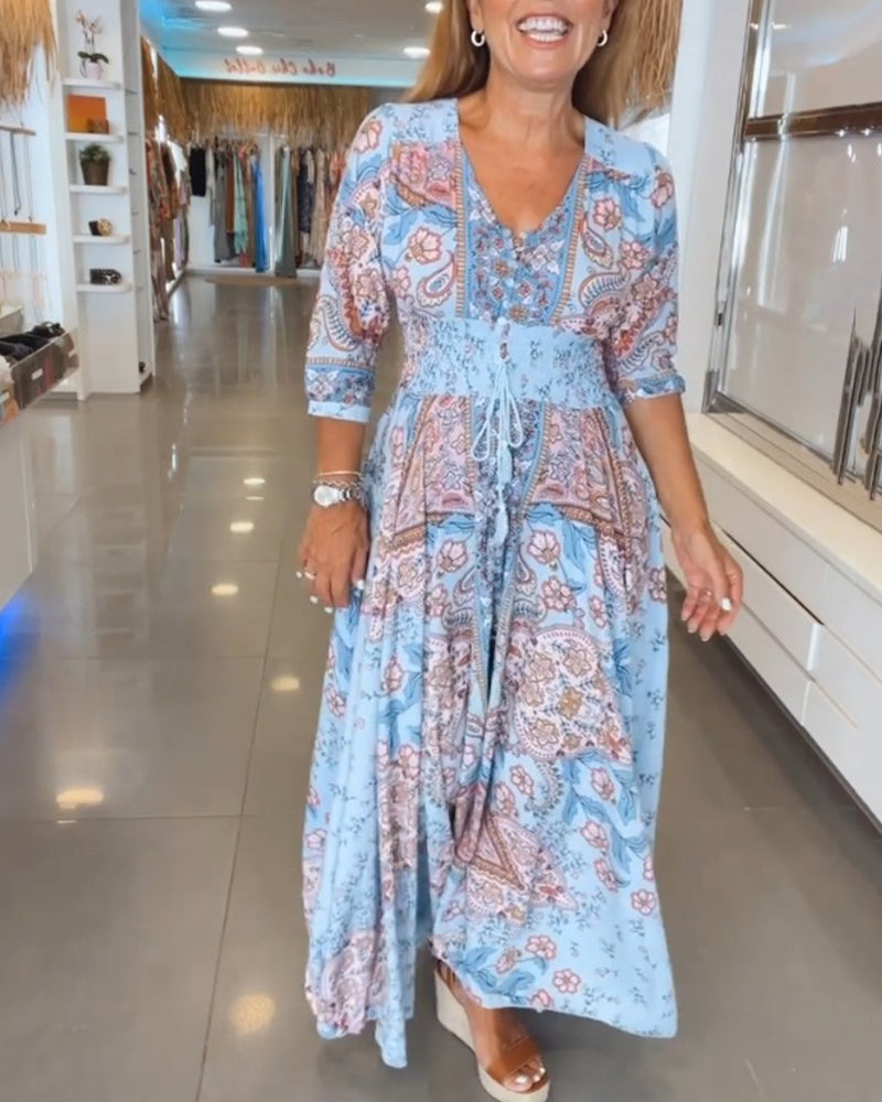 Lisa – Floral V-neck and 3/4 Sleeves Dress - Image 2