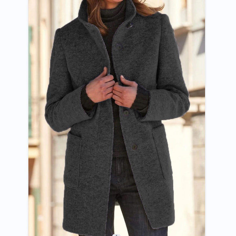 Sara - Abrigo de lana vintage con cuello alto y botones sólidos para mujer Gris